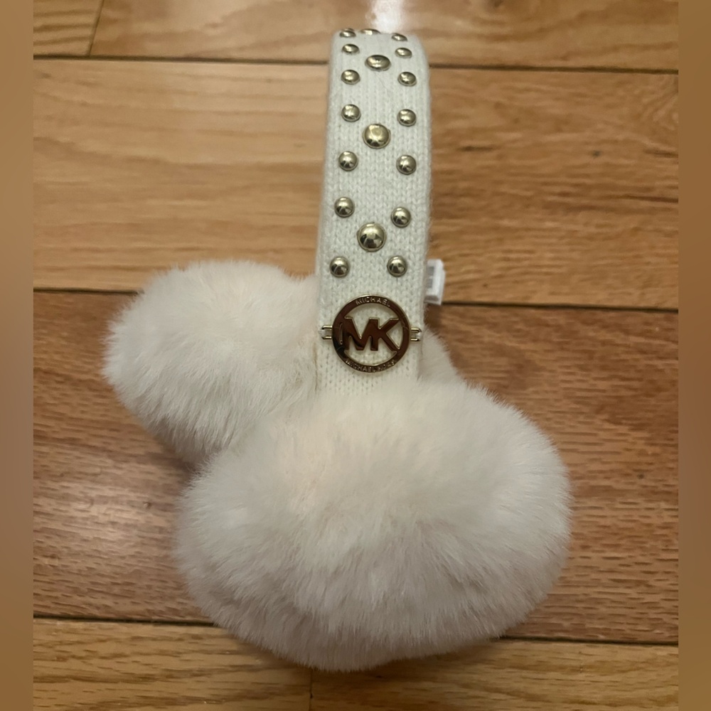 MICHAEL Michael Kors White Fur Earmuffs with Gold Accents